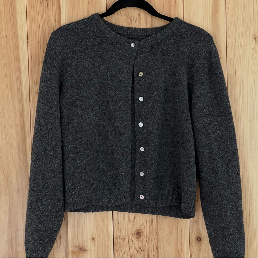 Classic Charcoal Crewneck Button Cardigan Sweater - Women